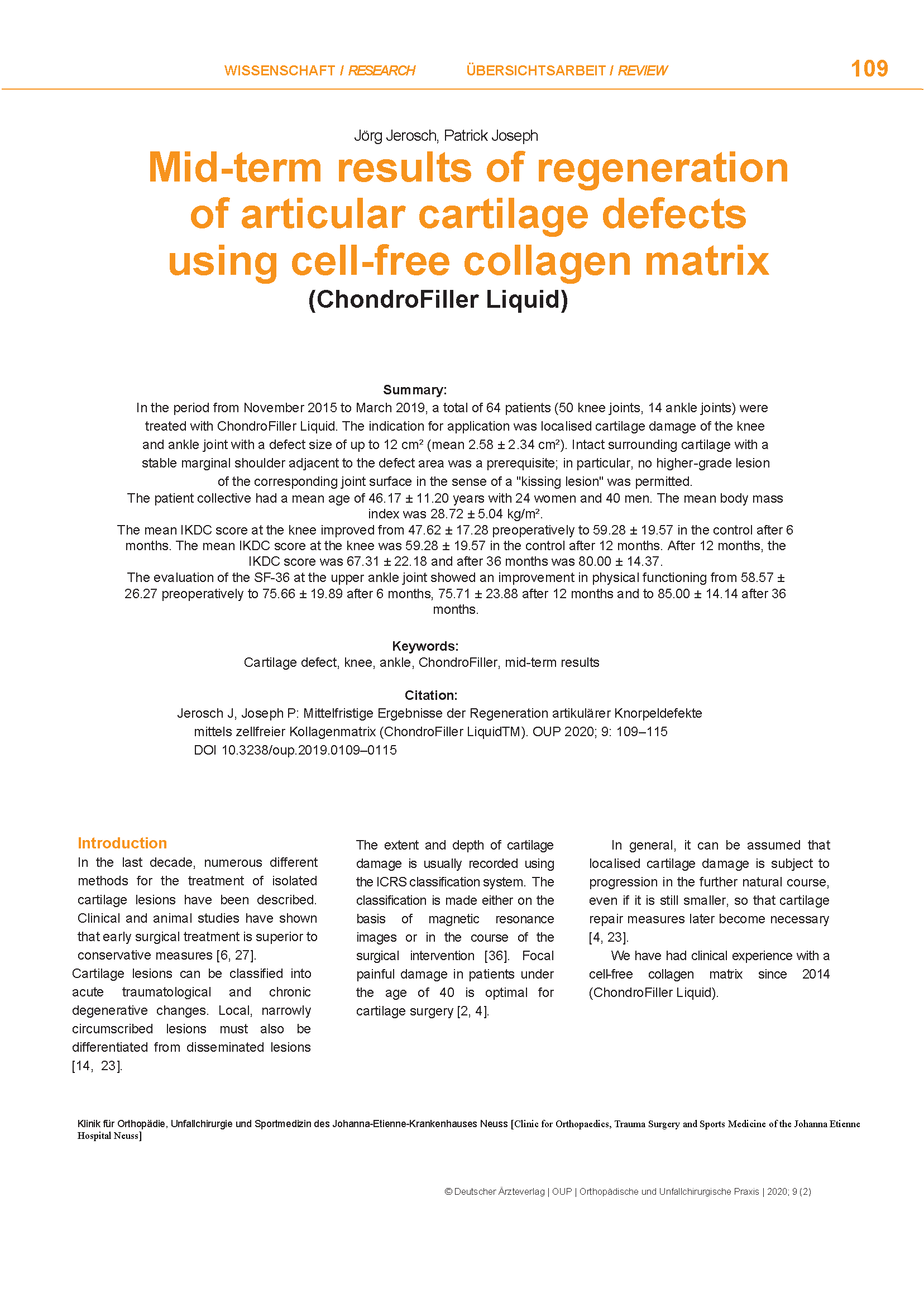 Regeneration of Cartilage Defects